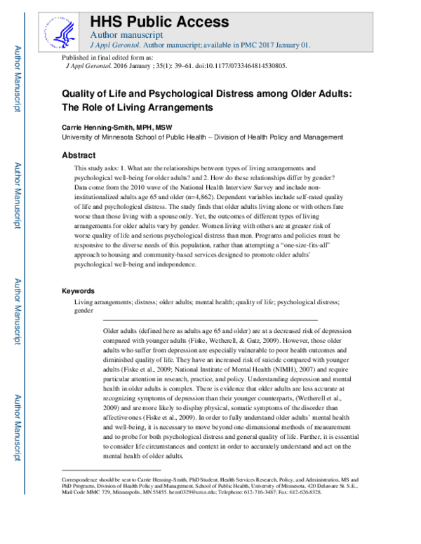 (PDF) Quality of Life and Psychological Distress Among Older Adults