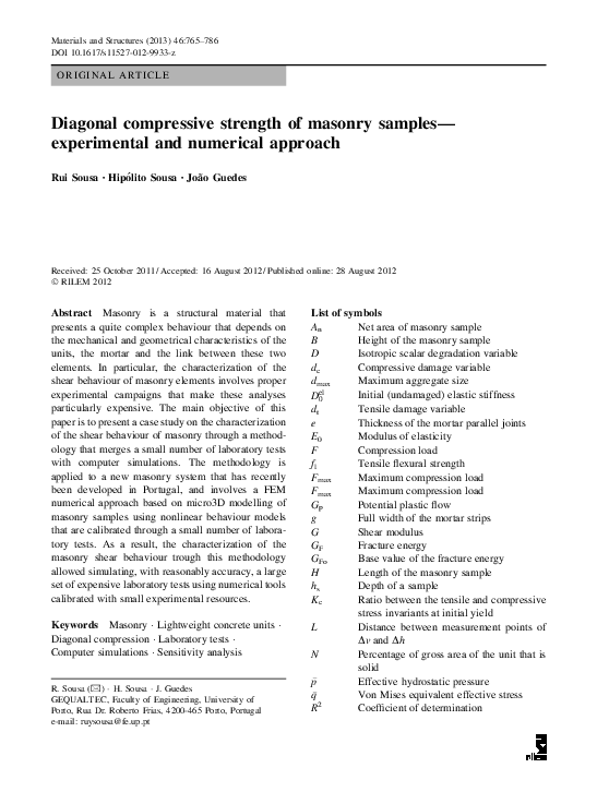 (PDF) Diagonal compressive strength of masonry samples—experimental and ...