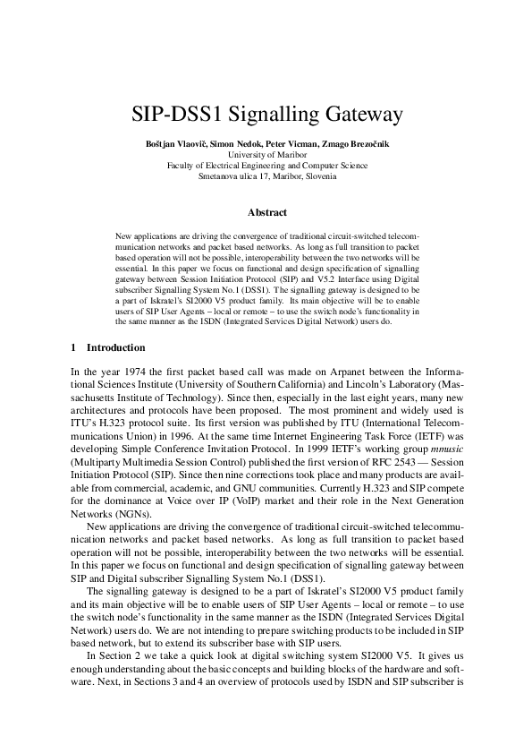 (PDF) 1 Introduction SIP-DSS1 Signalling Gateway