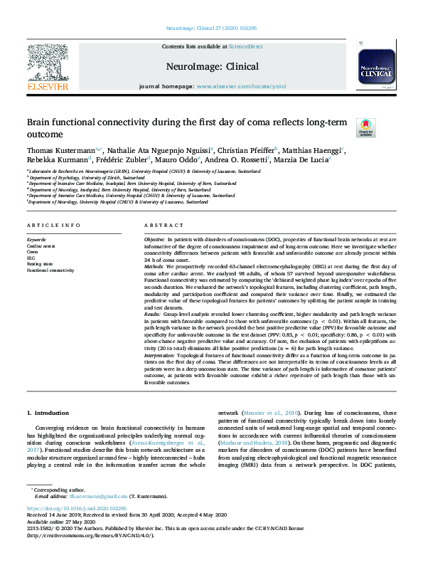 (PDF) Brain functional connectivity during the first day of coma ...