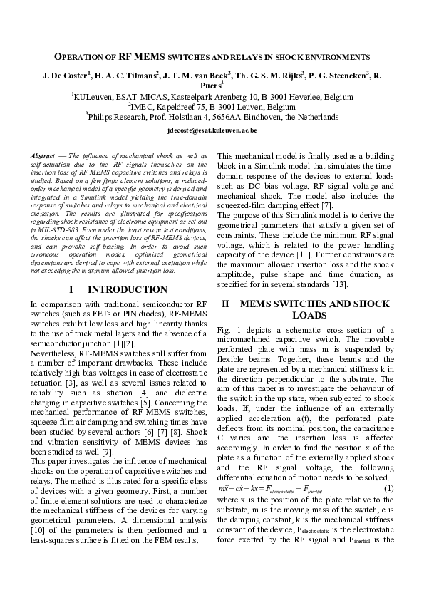 (PDF) Operation of RF MEMS switches and relays in shock environments