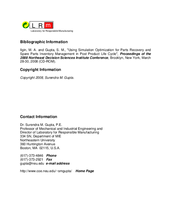 (PDF) Using simulation optimization for parts recovery and spare parts inventory management in