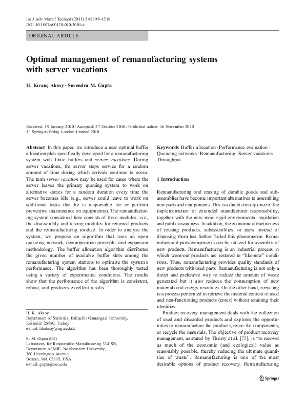 (PDF) Optimal management of remanufacturing systems with server vacations