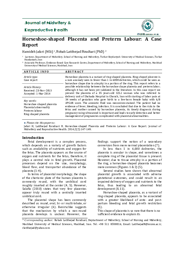 (PDF) Horseshoe Placenta and Preterm Labour: A Case Report