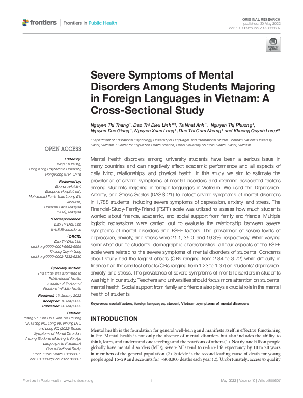 (PDF) Severe Symptoms of Mental Disorders Among Students Majoring in
