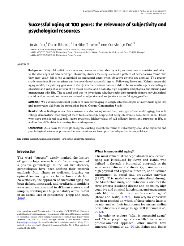 (PDF) Successful aging at 100 years: the relevance of subjectivity and ...