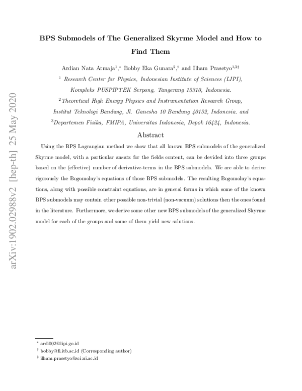 (PDF) BPS submodels of the generalized Skyrme model and how to find them Ilham Cahyadi