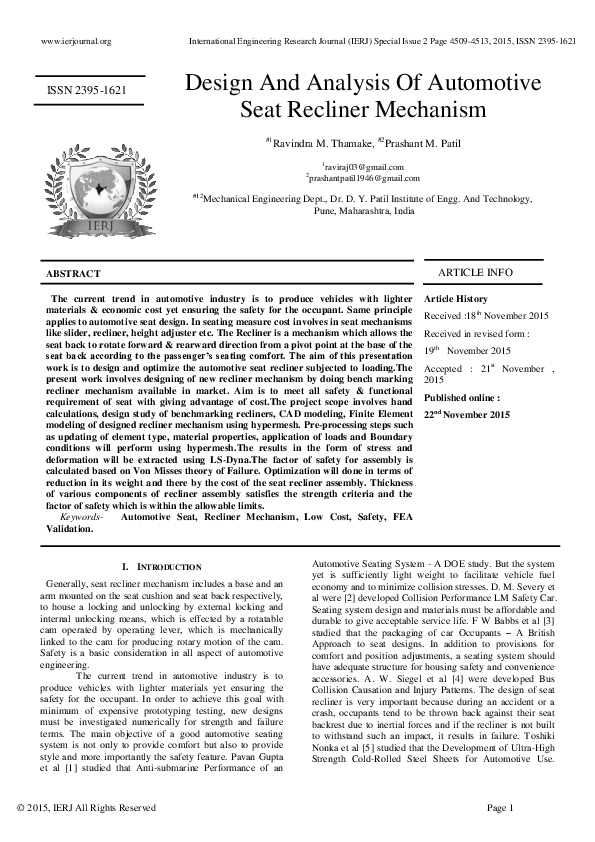 (PDF) Design and Analysis of Automotive Seat Recliner Mechanism