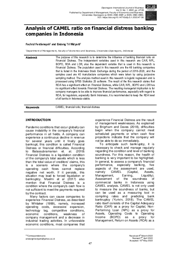 (PDF) Analysis of CAMEL ratio on financial distress banking companies
