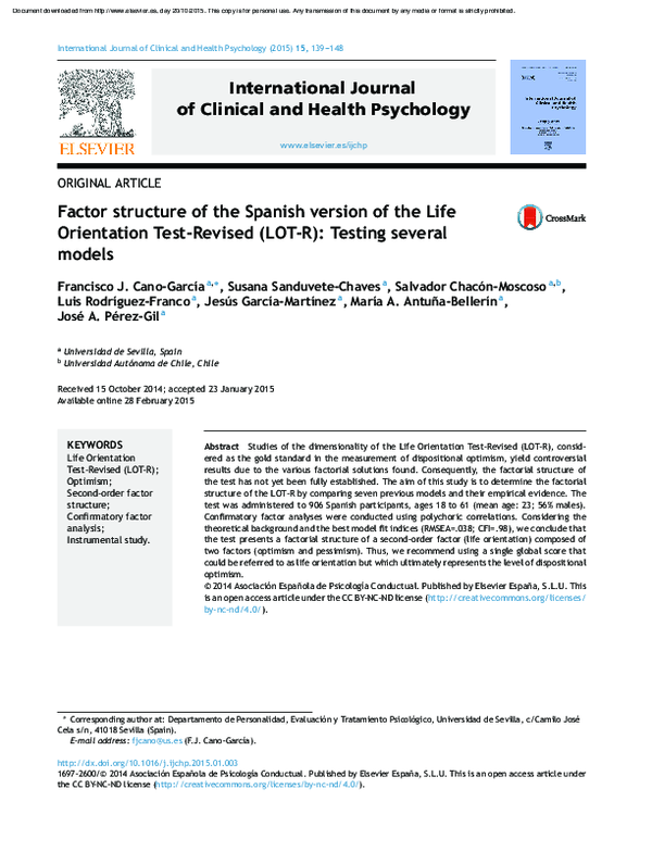 (PDF) Factor structure of the Spanish version of the Life Orientation ...