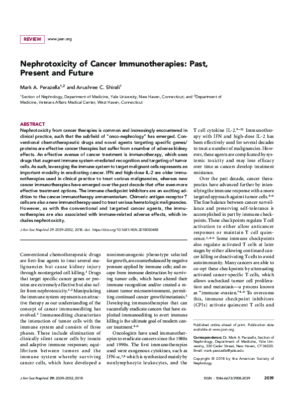 (PDF) Nephrotoxicity of Cancer Immunotherapies: Past, Present and Future