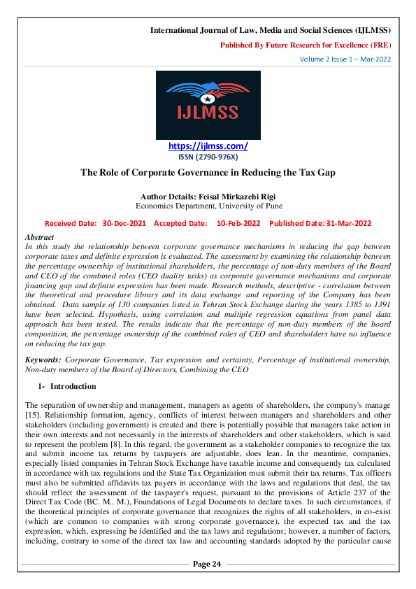 (PDF) The Role of Corporate Governance in Reducing the Tax Gap