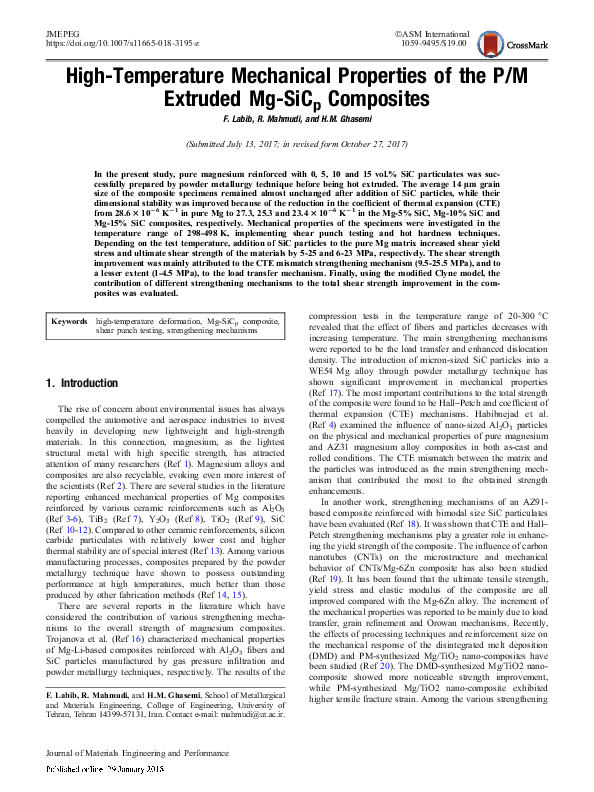 (PDF) High-Temperature Mechanical Properties of the P/M Extruded Mg ...