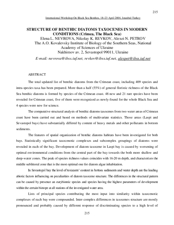 (PDF) Structure Of Benthic Diatoms Taxocenes In Modern Conditions ...
