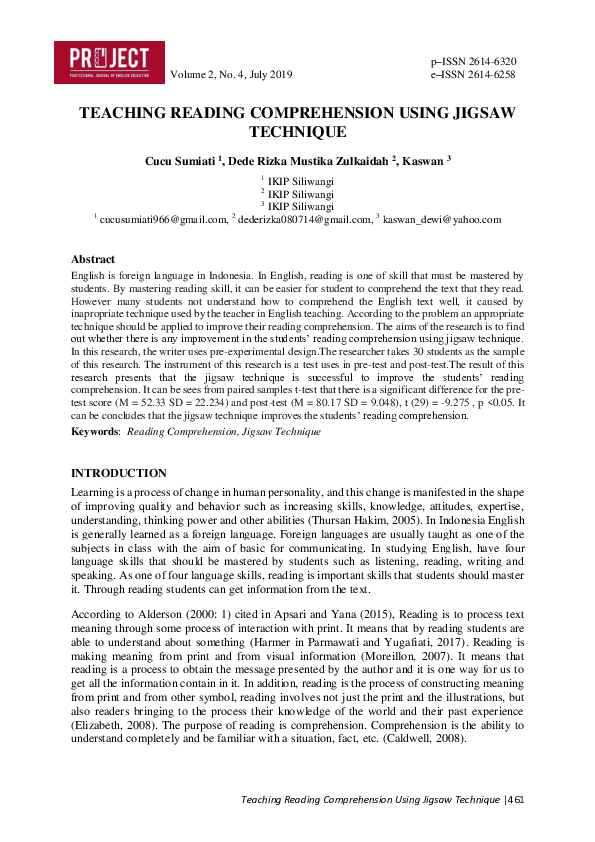 (PDF) Teaching Reading Comprehension Using Jigsaw Technique Cucu