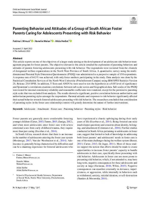 (PDF) Parenting Behavior and Attitudes of a Group of South African ...