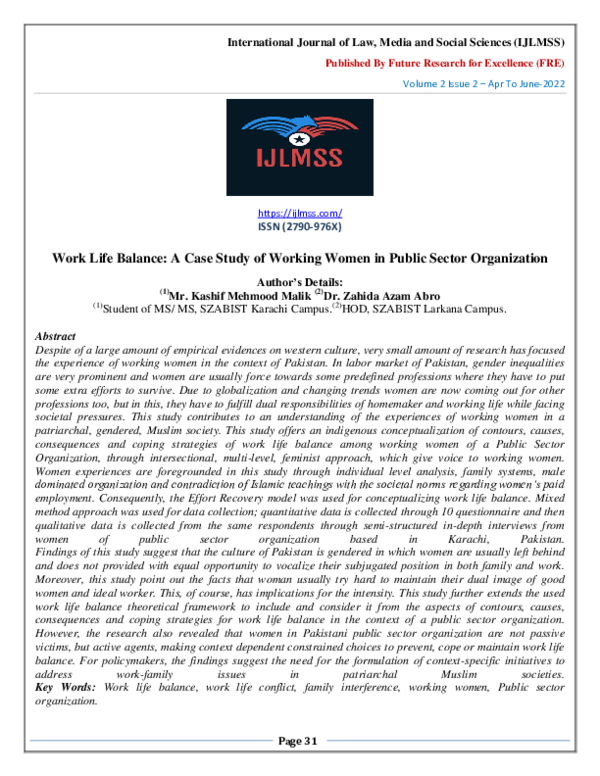 (PDF) Work Life Balance: A Case Study of Working Women in Public Sector ...