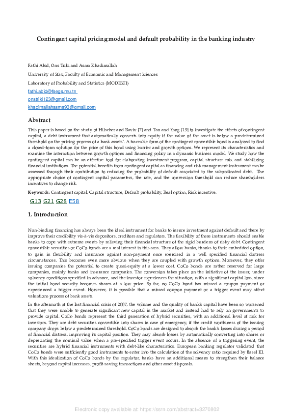 (PDF) Contingent Capital Pricing Model and Default Probability in the ...
