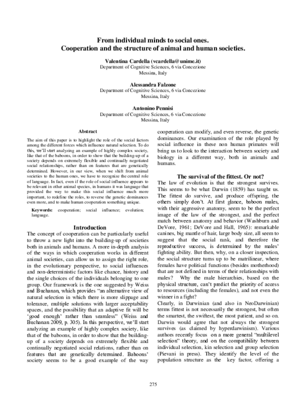 (PDF) From individual minds to social ones. Cooperation and the ...