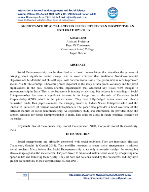 (PDF) SIGNIFICANCE OF SOCIAL ENTREPRENEURSHIP IN INDIAN PERSPECTIVE: AN ...