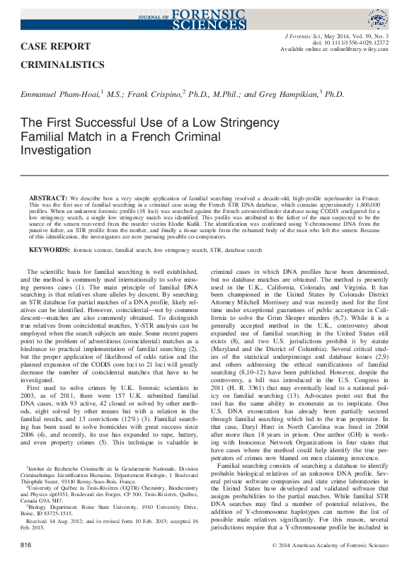 (PDF) The First Successful Use of a Low Stringency Familial Match in a ...