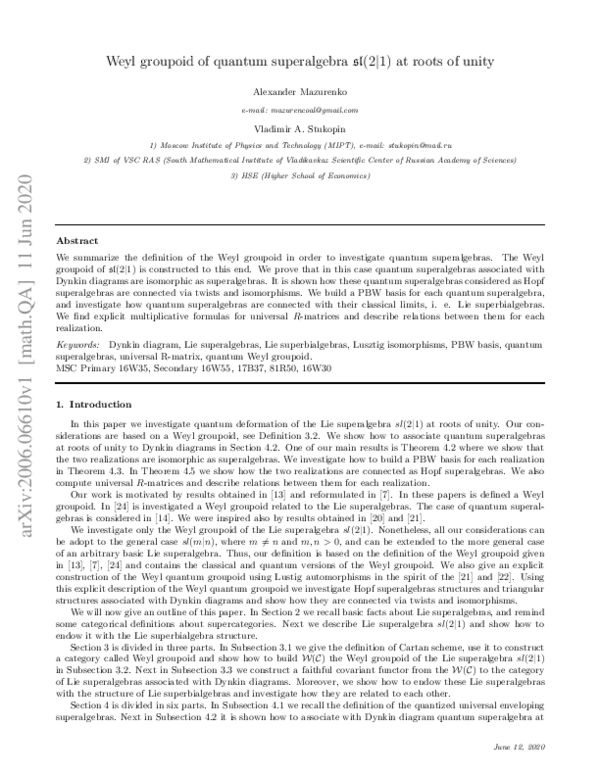 (PDF) Weyl groupoid of quantum superalgebra sl(2|1) at roots of unity