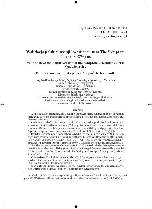 (PDF) [Validation of the Polish version of the symptom checklist-27 ...