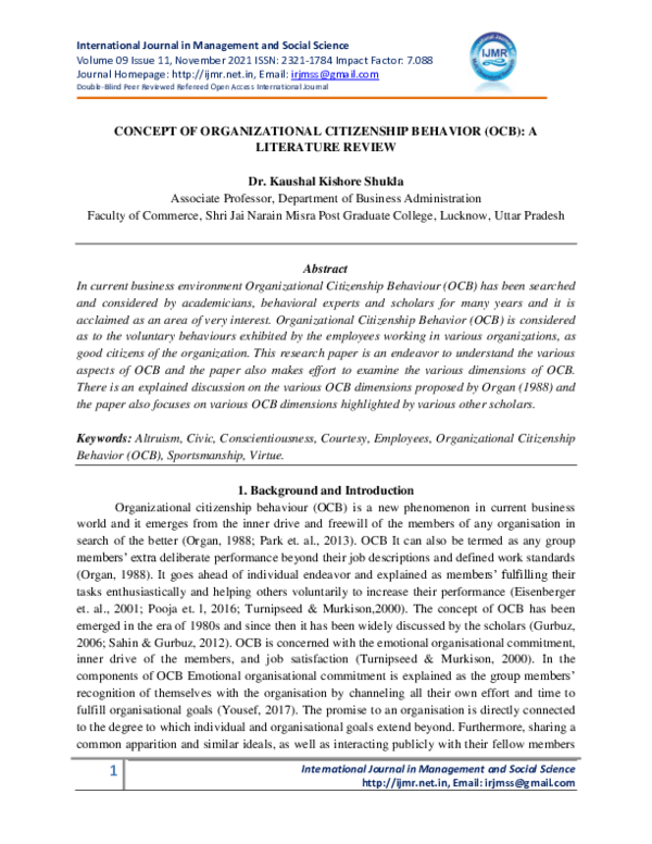 (PDF) CONCEPT OF ORGANIZATIONAL CITIZENSHIP BEHAVIOR (OCB): A ...