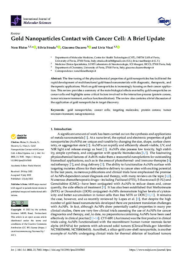 (PDF) Gold Nanoparticles Contact with Cancer Cell: A Brief Update