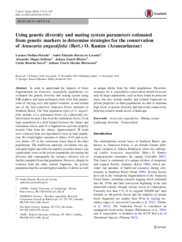 (PDF) Using genetic diversity and mating system parameters estimated ...
