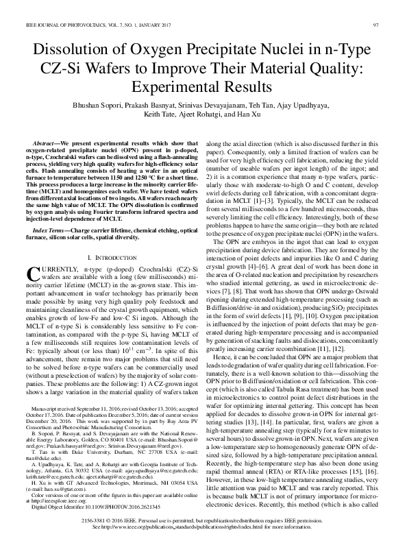 (PDF) Dissolution of Oxygen Precipitate Nuclei in n-Type CZ-Si Wafers ...