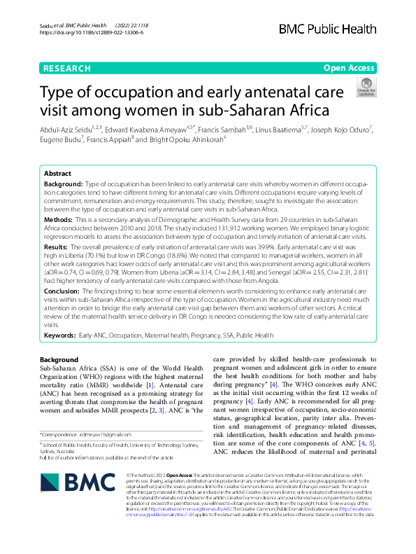 (PDF) Type of occupation and early antenatal care visit among women in ...