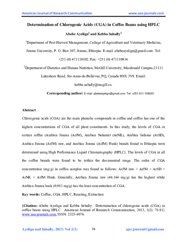 (PDF) Determination of Chlorogenic Acids (CGA) in Coffee Beans using HPLC