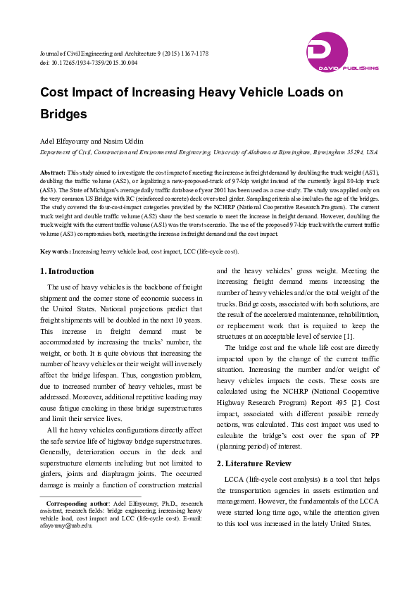 (PDF) Cost Impact of Increasing Heavy Vehicle Loads on Bridges | Adel ...