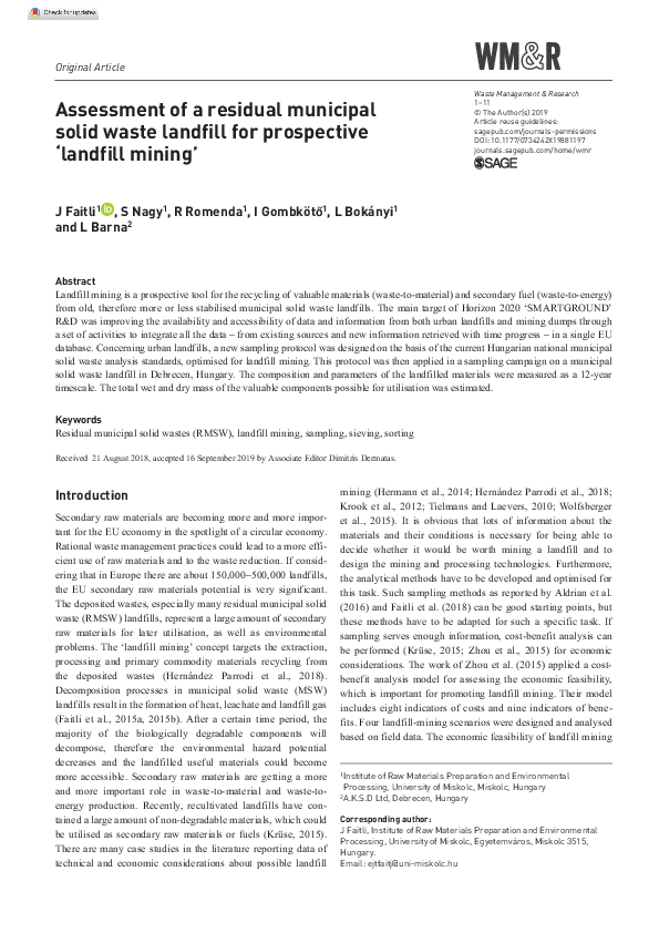 (PDF) Assessment of a residual municipal solid waste landfill for ...