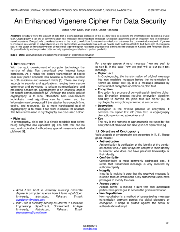 (PDF) An Enhanced Vigenere Cipher For Data Security