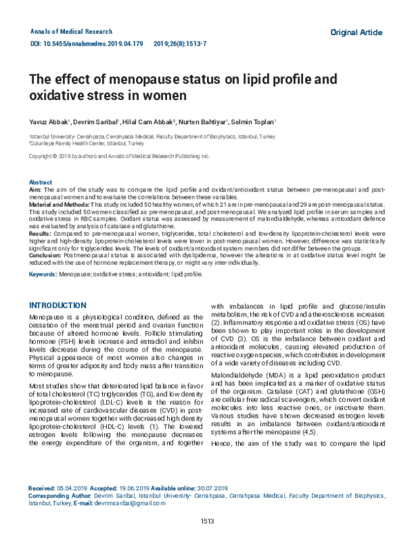 (PDF) The effect of menopause status on lipid profile and oxidative ...