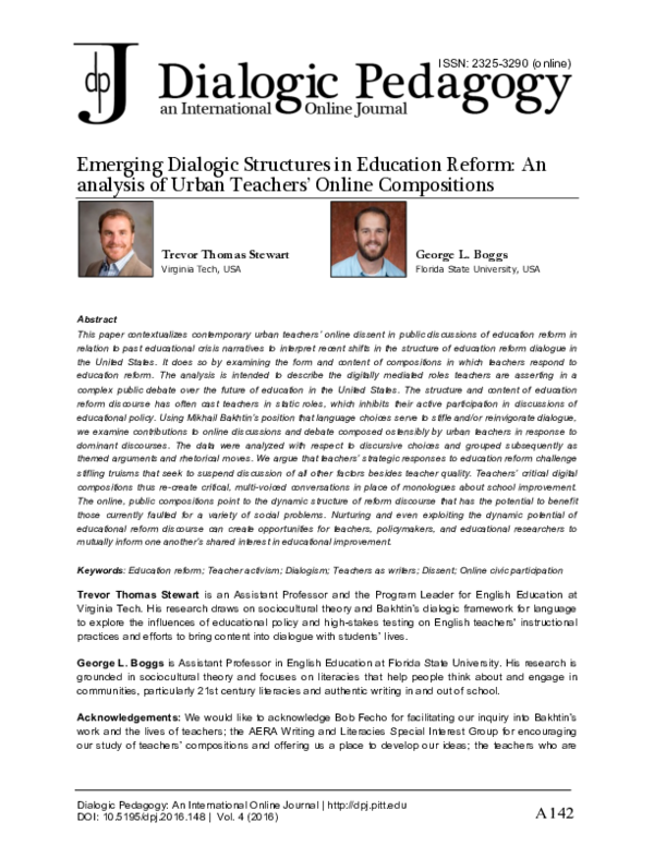 Emerging Dialogic Structures in Education Reform: An analysis of Urban Teachers’ Online Compositions