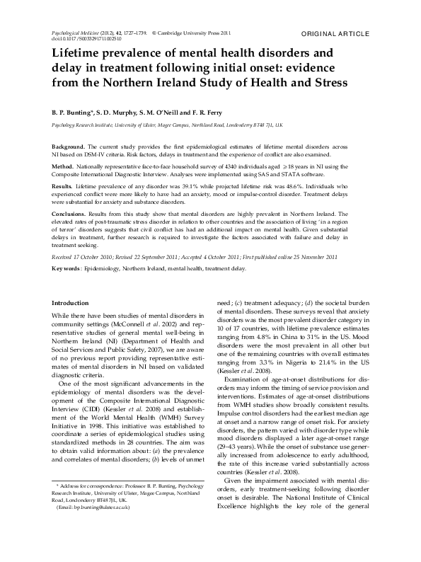 (PDF) Lifetime prevalence of mental health disorders and delay in ...