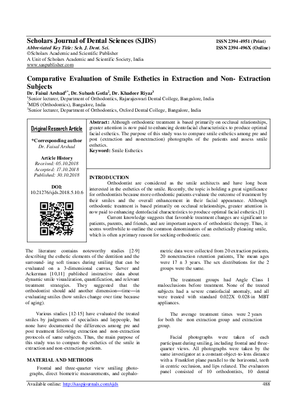 Comparative Evaluation of Smile Esthetics in Extraction and Non- Extraction Subjects