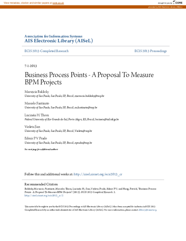 (PDF) Business Process Points - A Proposal To Measure BPM Projects