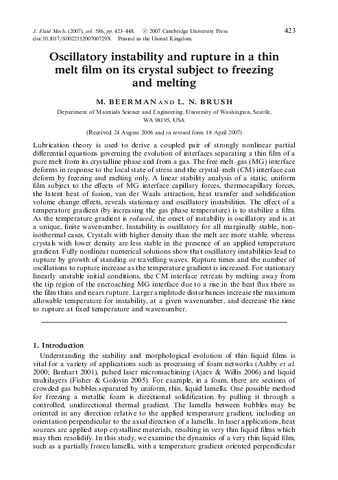 (PDF) Oscillatory instability and rupture in a thin melt film on its ...