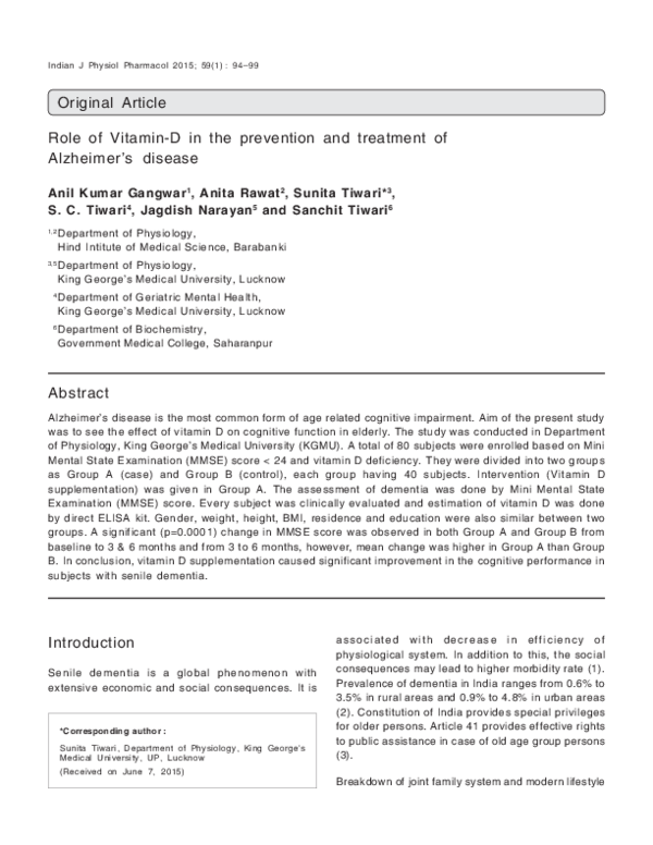 (PDF) Role of Vitamin-D in the prevention and treatment of Alzheimer's ...