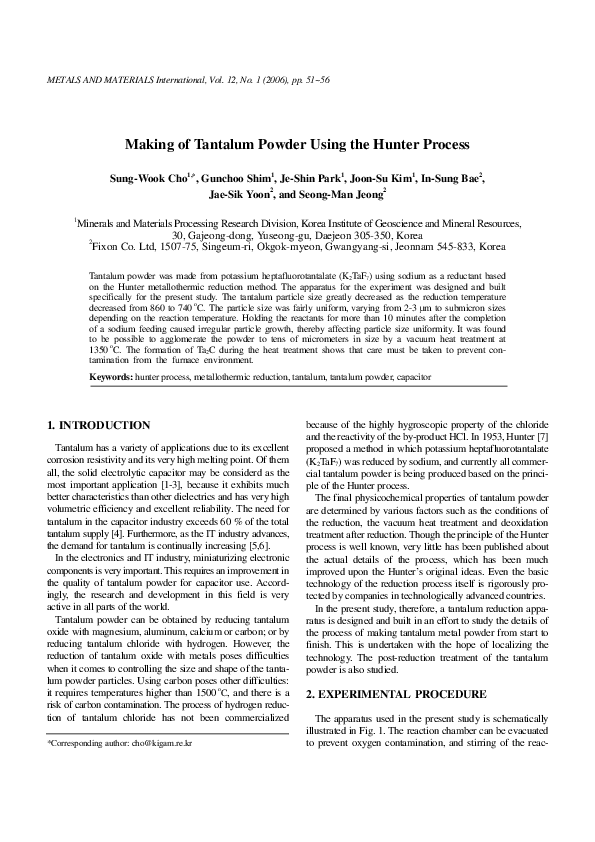 (PDF) Making of tantalum powder using the hunter process Gunchoo Shim