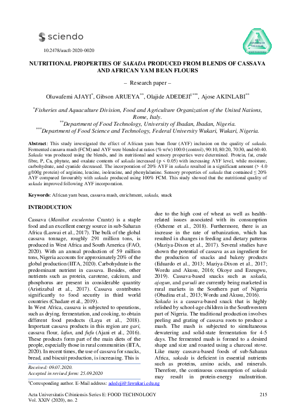 (PDF) Nutritional Properties of Sakada Produced from Blends of Cassava
