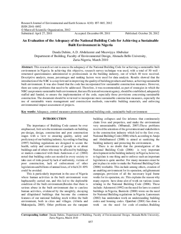 (PDF) An Evaluation of the Adequacy of the National Building Code for ...