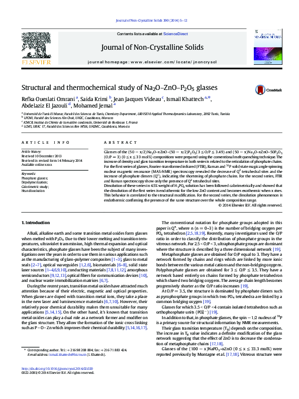 (PDF) Structural and thermochemical study of Na2O–ZnO–P2O5 glasses