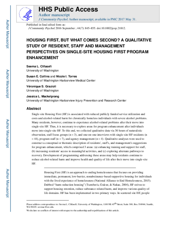 (PDF) Housing First, but What Comes Second? A Qualitative Study of ...