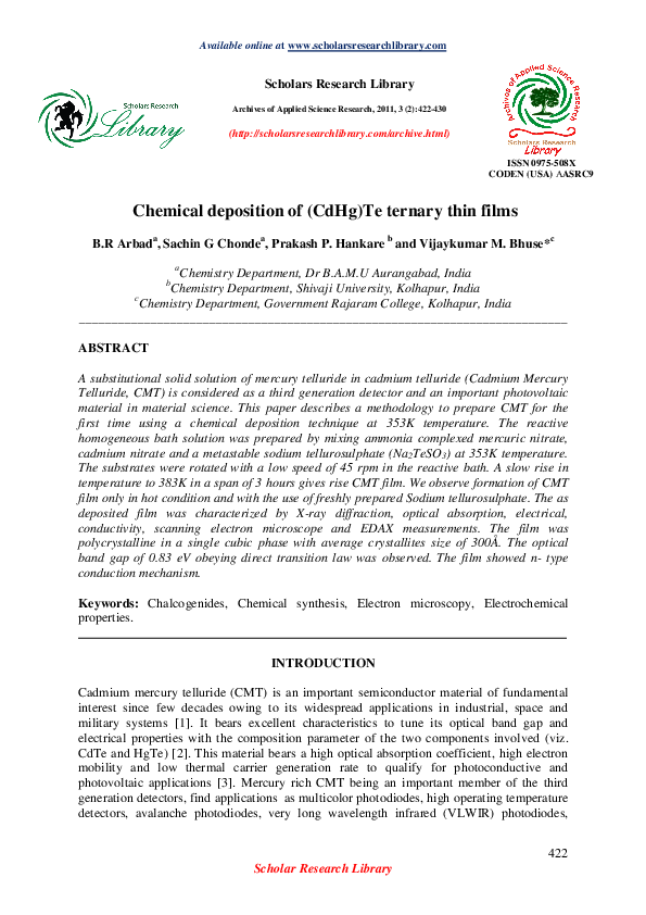 (PDF) Chemical deposition of (CdHg) Te ternary thin films