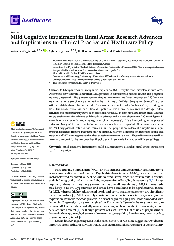 (PDF) Mild Cognitive Impairment in Rural Areas: Research Advances and ...